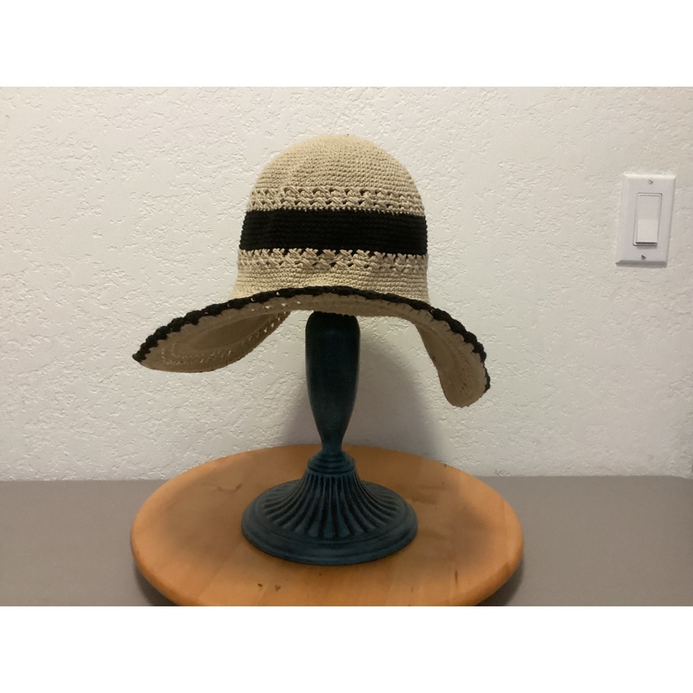 TLC & You Crochet Sun Hat Womens OS Beige Black Wide Brim Cotton Packable